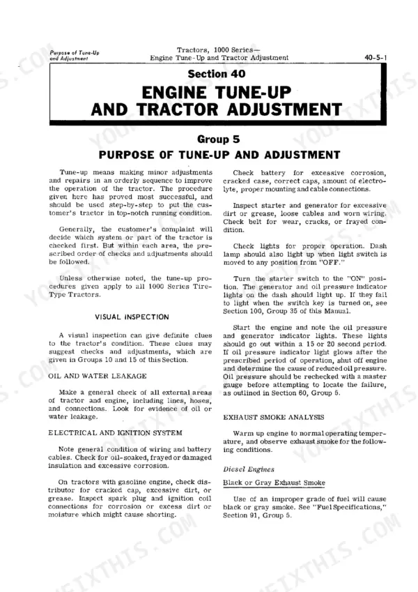 John Deere 1010 RU, 1010 RUS, 1010 RS, 1010 U, 1010 R, 1010 O, 1010 Row-Crop Utility engine tune-up and visual inspection guide.