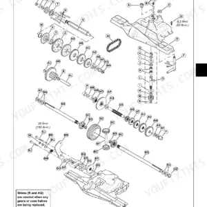 John Deere 102, 105, 115, 125, 135, 145, 155C, 190C, John 100 Series exploded view of transaxle gear components.
