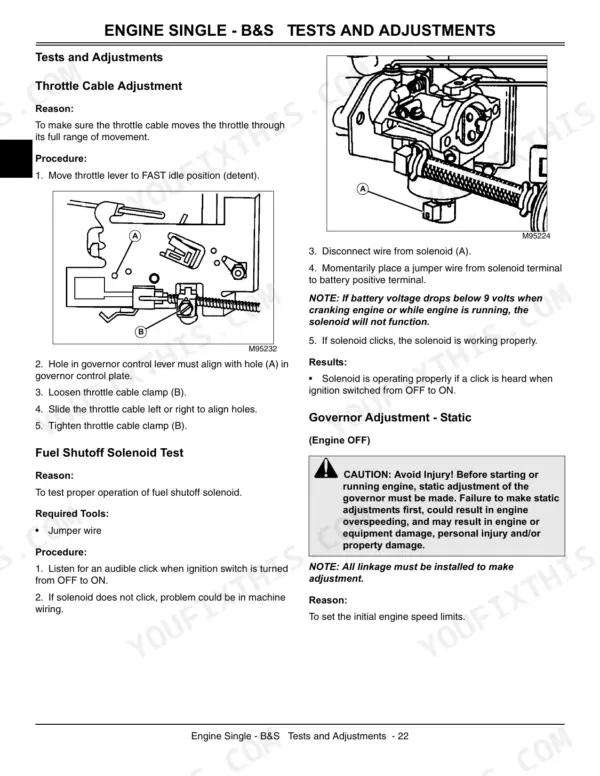 John Deere 102, 105, 115, 125, 135, 145, 155C, 190C, John 100 Series throttle cable and fuel solenoid test
