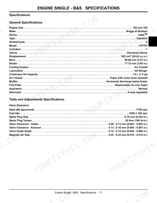 John Deere 102, 105, 115, 125, 135, 145, 155C, 190C, John 100 Series Briggs & Stratton engine specs table