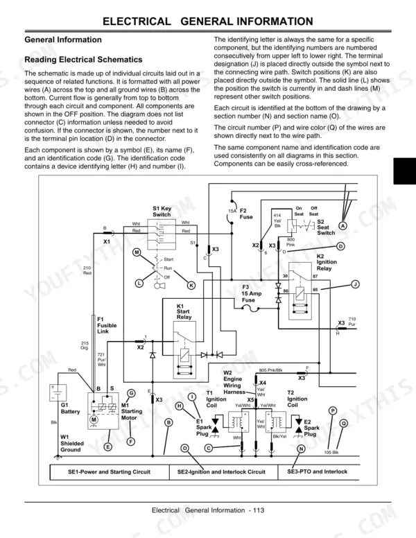 John Deere 102, 105, 115, 125, 135, 145, 155C, 190C, John 100 Series electrical schematic for starting and ignition
