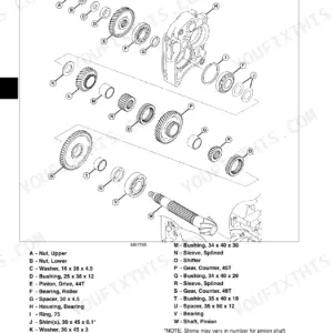 John Deere 110, Tractor Loader Backhoe 110 exploded view of the differential pinion shaft and power train components.