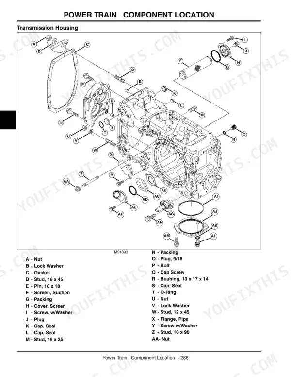 John Deere 110, Tractor Loader Backhoe 110 exploded view of transmission housing and power train components.
