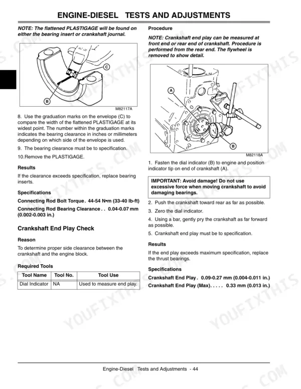 John Deere 110, Tractor Loader Backhoe 110: Diesel engine bearing clearance and crankshaft end play test procedures.
