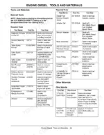 john-deere-110-tractor-loader-backhoe-technical-manual-tm1987-jun02-troubleshooting-37.webp John Deere 110, Tractor Loader Backhoe 110: Table of required engine diesel special tools, part numbers, and material uses.