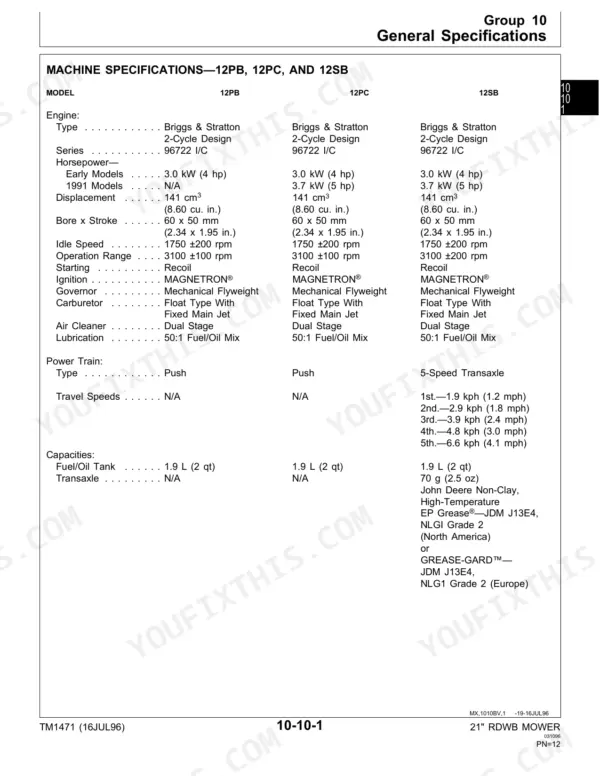 John Deere 12PB, 12PC, 12SB, 14PB, 14PT, 14PZ, 14SB, 14SC, 14SX, 14SE, 14ST, 14SZ machine specifications table for 12PB, 12PC, 12SB