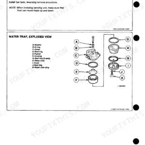 John Deere 1350, 1550, 1750, 1850, 1850N, 1950, 1950N fuel tank installation procedure and water trap exploded view diagram.
