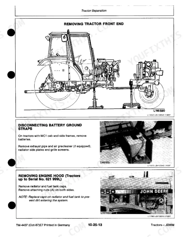 John Deere 1350, 1550, 1750, 1850, 1850N, 1950, 1950N tractor separation, removing front end, battery straps, and engine hood.