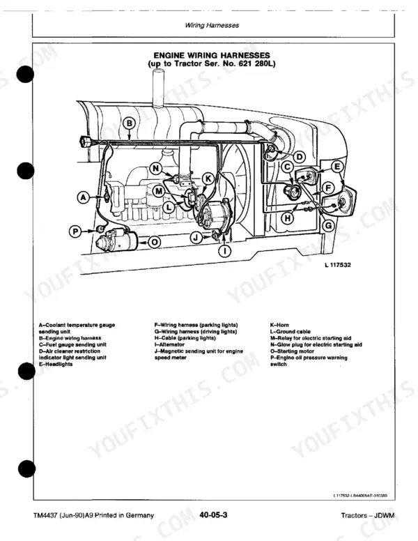 John Deere 1350, 1550, 1750, 1850, 1850N, 1950, 1950N engine wiring harness diagram with component identification key.