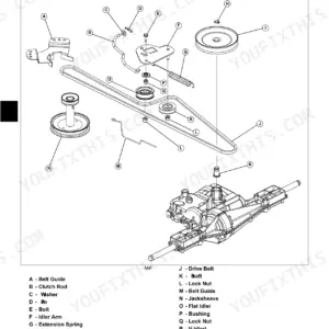 John Deere 14.542GS, 1642HS, 17.542HS power train gear drive components exploded view diagram with parts list.