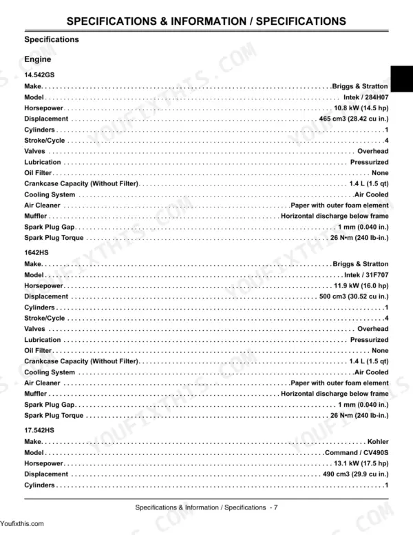 John Deere 14.542GS, 1642HS, 17.542HS engine specifications table for Briggs & Stratton and Kohler engine models.