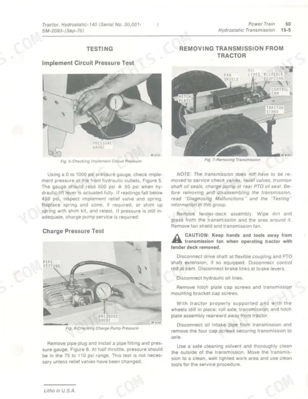 John Deere 140 Hydrostatic Tractor implement circuit pressure test, charge pressure test, and transmission removal procedures.