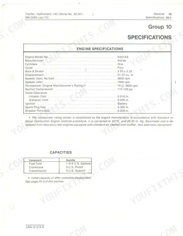 John Deere 140 Hydrostatic Tractor service manual page showing Kohler K321AS engine specifications and fluid capacities table.
