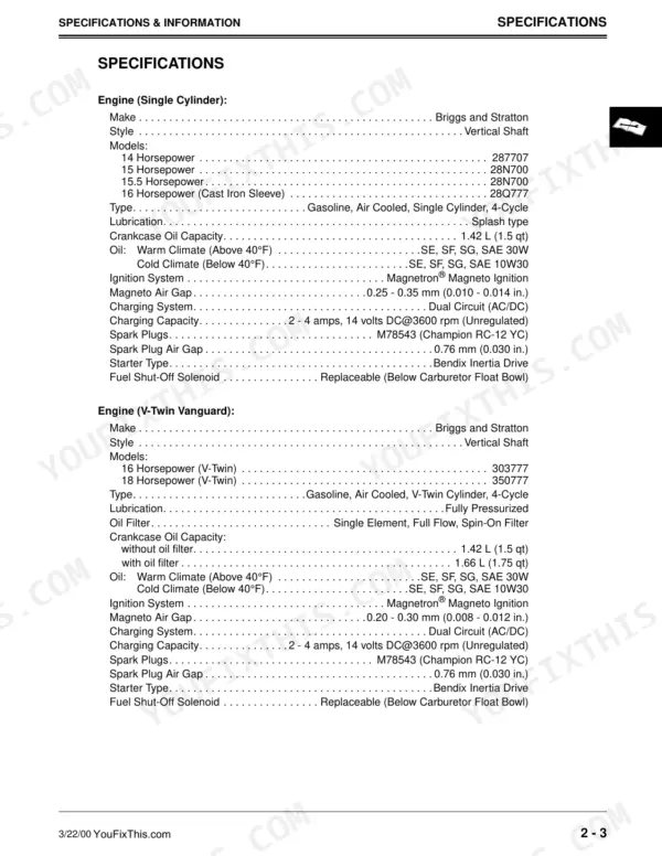 John Deere 1438GS-2046HV Sabre Lawn engine specifications table for single cylinder and V-Twin Vanguard engines.
