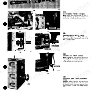 John Deere 1445F, 1745F, 1845F, 2345F manual: bevel pinion assembly procedures, exploded view, and component installation.