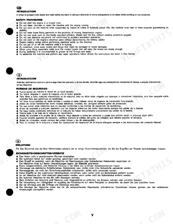 John Deere 1445F, 1745F, 1845F, 2345F safety provisions and accident prevention guidelines in English, Spanish, and German.