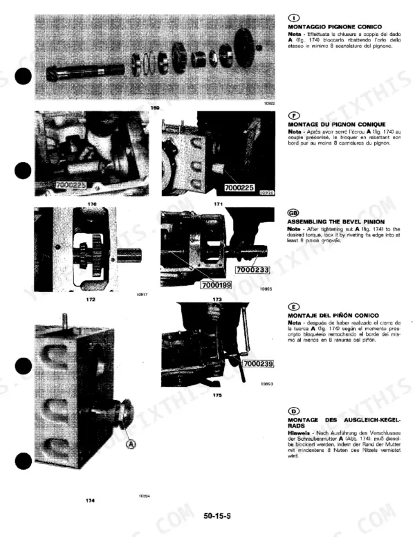 John Deere 1445F, 1745F, 1845F, 2345F manual showing bevel pinion assembly procedure, exploded view, and installation steps.