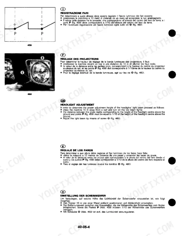 John Deere 1445F, 1745F, 1845F, 2345F headlight adjustment procedure, light beam diagram, and adjustment screw location.