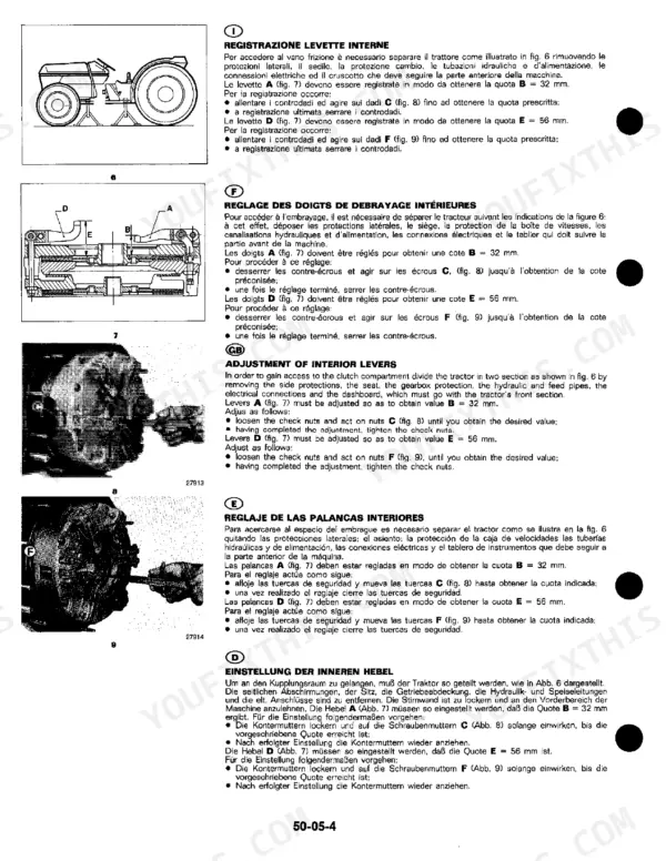 John Deere 1445F, 1745F, 1845F, 2345F manual page showing clutch interior lever adjustment procedures and diagrams.