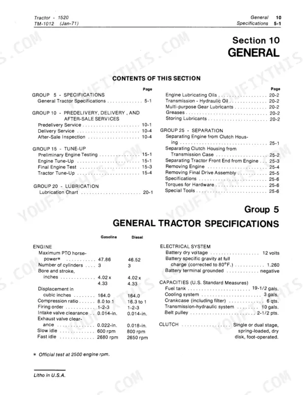 John Deere 1520 technical manual section 10 table of contents and general tractor engine and capacity specifications.