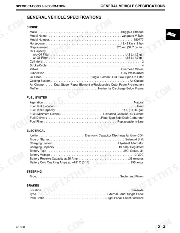 John Deere 1842GV, 1842HV, Sabre Yard general vehicle specifications table for engine, fuel, electrical, steering, and brakes.
