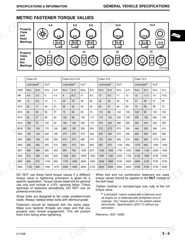 John Deere Sabre 1842GV, 1842HV metric fastener torque values table and markings.