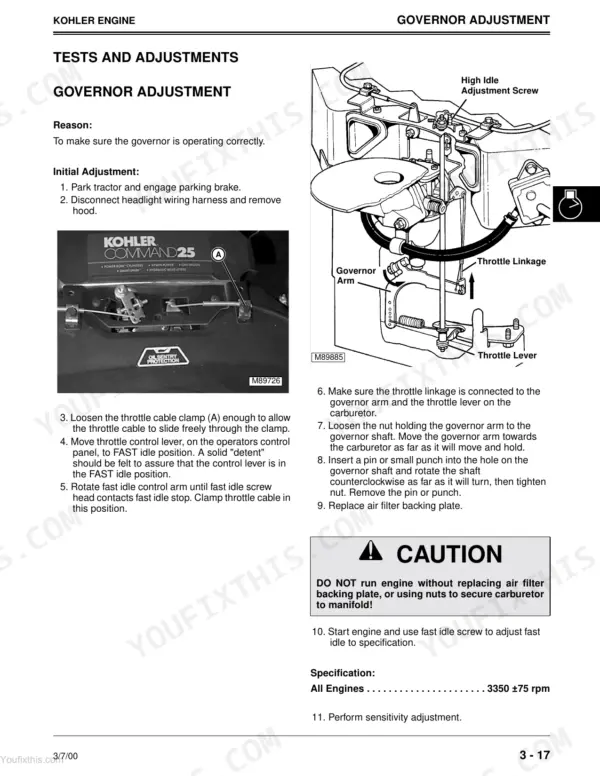 John Deere 1948GV/HV, 2148HV, 2354HV, 2554HV, Sabre Yard Tractors, Sabre Garden Tractors Kohler engine governor adjustment procedure.