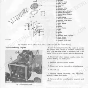 John Deere 200, 210, 212, 214 Lawn & Garden Tractor 400 Hydrostatic Tractors: Cylinder head, valve, and breather exploded view and engine disassembly steps.