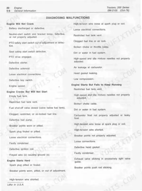 John Deere 200, 210, 212, 214 Lawn & Garden Tractor engine troubleshooting malfunction guide.