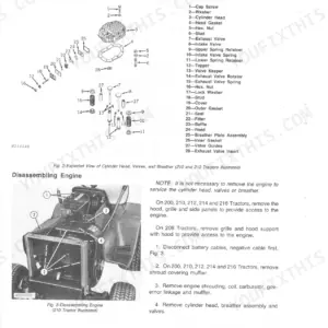 John Deere 200, 208, 210, 212, 214, 216: Exploded view of cylinder head, valves, and engine disassembly procedures.