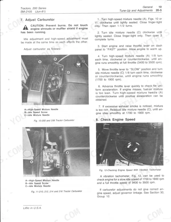John Deere 200, 208, 210, 212, 214, 216 carburetor adjustment and engine speed check procedures.
