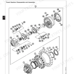 John Deere 200D, 200DLC travel gearbox exploded view showing axle shaft, bearings, and reduction gear components.