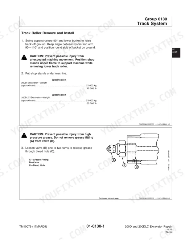 John Deere 200D, 200DLC track roller removal and install procedure with grease valve diagram and machine weight specs.