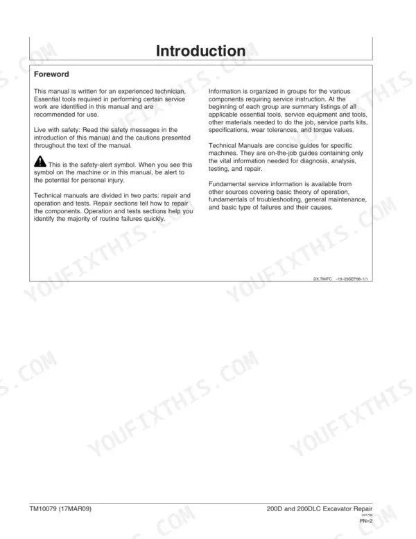 John Deere 200D, 200DLC introduction and foreword page explaining manual organization and safety alert symbols.
