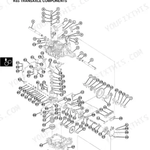 John Deere 2048HV, 2254HV, 2554HV, Sabre Garden Tractors exploded view of K65 hydrostatic transaxle components.