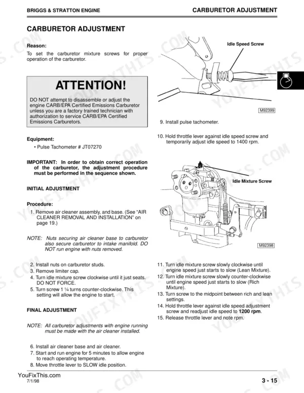 John Deere 2048HV, 2254HV, 2554HV, Sabre Garden Tractors Briggs & Stratton engine carburetor adjustment procedure.