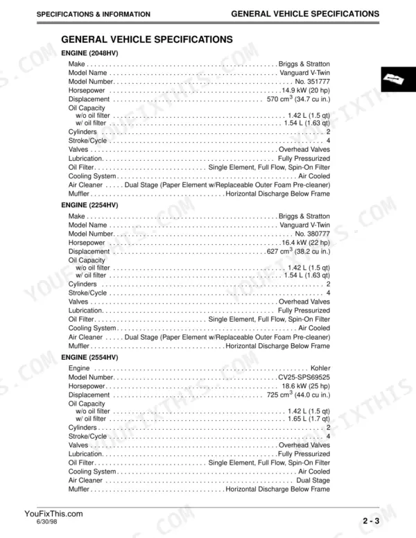 John Deere 2048HV, 2254HV, 2554HV, Sabre Garden Tractors engine specifications table for Briggs & Stratton and Kohler engines.