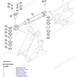 John Deere 204K, 304K exploded view diagram for steering cylinder removal and installation with parts legend.