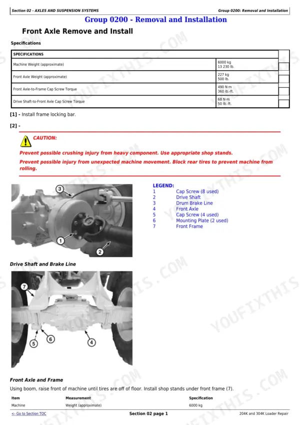 John Deere 204K, 304K front axle removal and installation specs, torque values, and component diagrams.