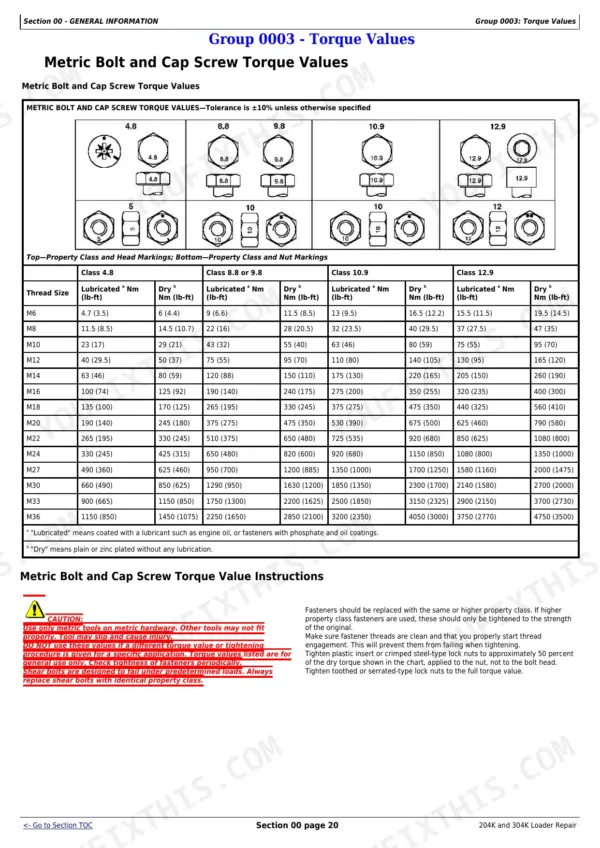 John Deere 204K, 304K metric bolt and cap screw torque values table with property class markings and tightening instructions
