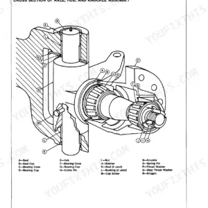 John Deere 210C, 310C, 315C cross section diagram of non-powered wheel axle, hub, and knuckle assembly with parts list.