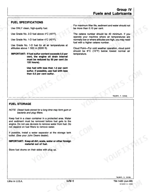 John Deere 210C, 310C, 315C fuel specifications, cetane requirements, and fuel storage guidelines manual page.