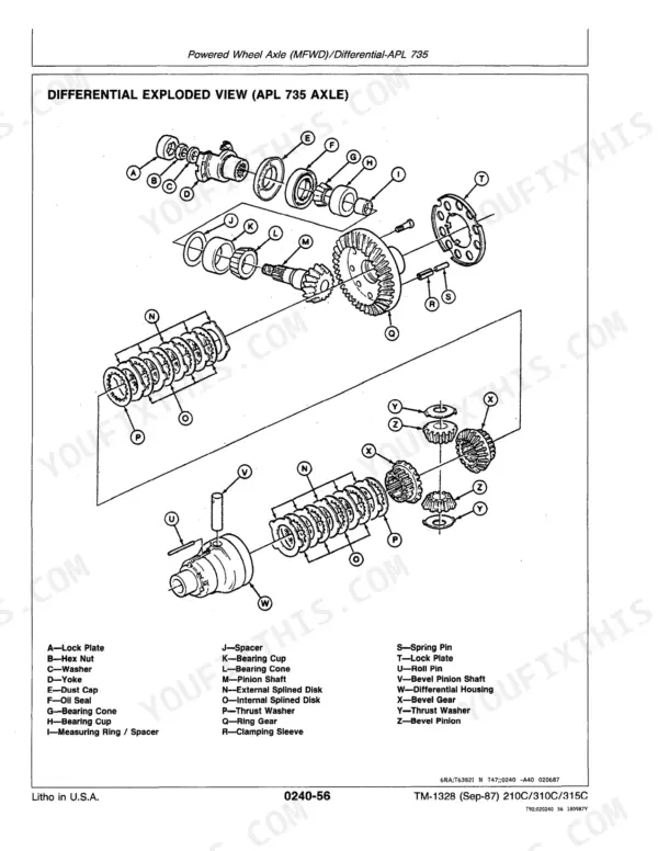 John Deere 210C, 310C, 315C APL 735 axle differential exploded view diagram with labeled parts list.