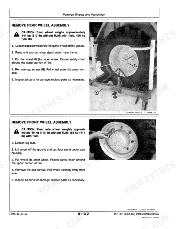 John Deere 210C, 310C, 315C service manual procedures for removing rear and front wheel assemblies with safety cautions.