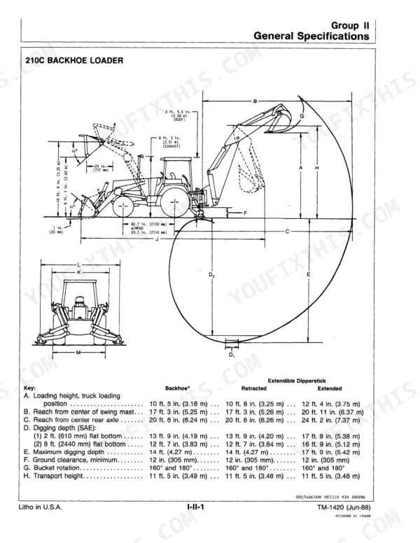 John Deere 210C, 310C, 315C backhoe loader general specifications diagram showing digging depth, reach, and height dimensions.