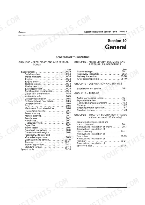 John Deere 2140 general specifications and special tools section contents