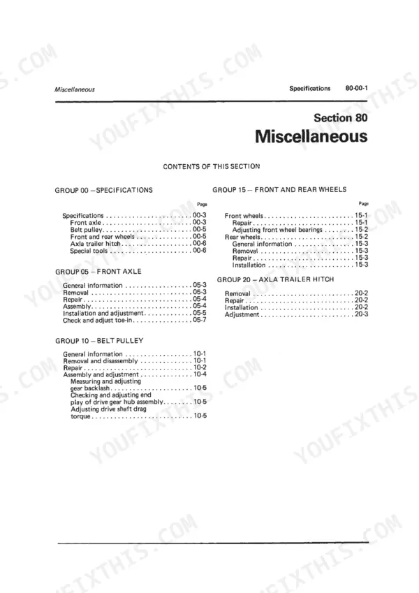 John Deere 2140 miscellaneous section specifications contents