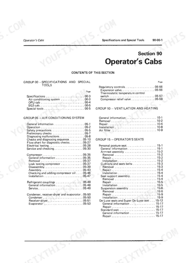 John Deere 2140 operator cab specifications and special tools contents