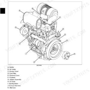 John Deere 2305 3TNV76 engine left rear view component location diagram with labeled parts list.