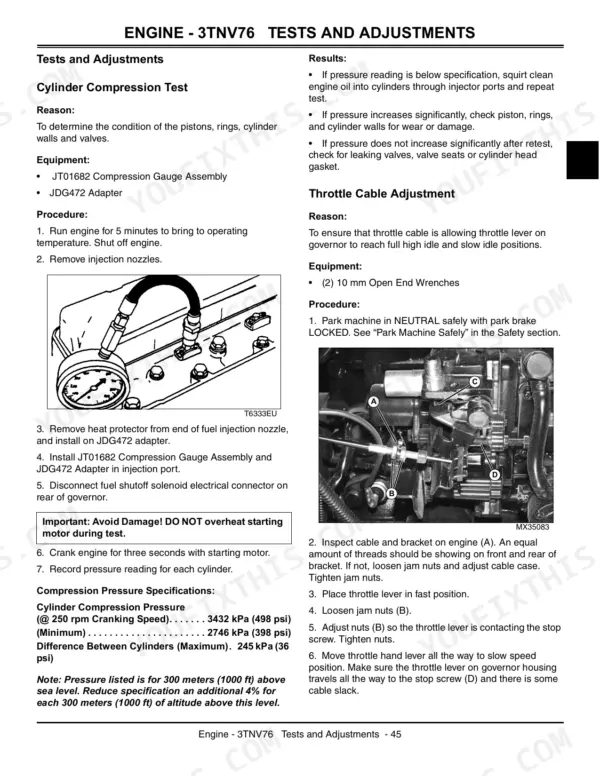 John Deere 2305 engine 3TNV76 cylinder compression test and throttle cable adjustment procedures with diagrams.